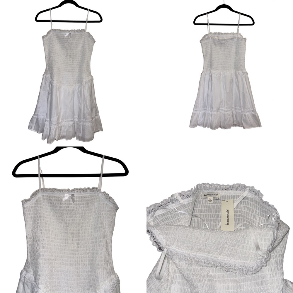 Francesca's White Smocked Ruffle Lace Trim Sleeveless Mini Dress